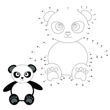 Connect the dots and color a cute cartoon panda. Educational game for children. Vector illustration. Education design. EPS 10.