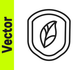 Black line Shield with leaf icon isolated on white background. Eco-friendly security shield with leaf. Vector Illustration.