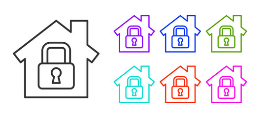 Black line House under protection icon isolated on white background. Home and lock. Protection, safety, security, protect, defense concept. Set icons colorful. Vector Illustration.