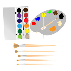 Set of painting equipment, Watercolor paint and paintbrushes brushes vector illustration. School concept
