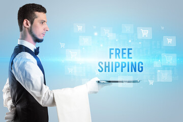 Waiter serving FREE SHIPPING inscription, online shopping concept