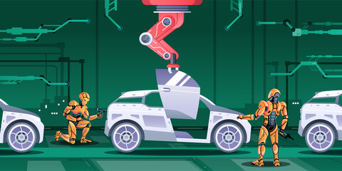 Vector illustration of robots involved in car manufacturing process