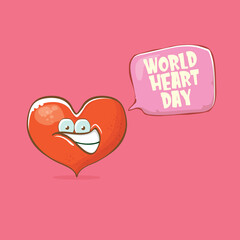 Vector world heart day card with funny cartoon heart character isolated on pink background. Conceptual heart day comic funky kids poster or banner with funky heart