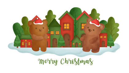 Obraz na płótnie Canvas Christmas background with a cute bears in the village.