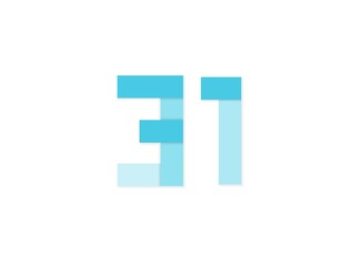 31 number, vector logo, paper cut desing font made of blue color tones .Isolated on white background. Eps10 illustration
