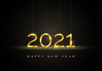 Gold 2021 Happy New Year greeting text on black background.