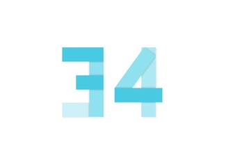34 number, vector logo, paper cut desing font made of blue color tones .Isolated on white background. Eps10 illustration