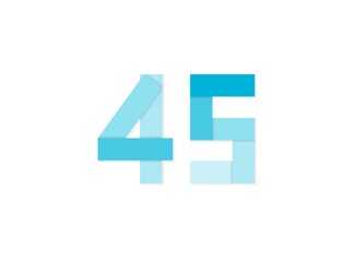 45 number, vector logo, paper cut desing font made of blue color tones .Isolated on white background. Eps10 illustration