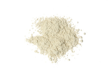 Green cosmetic or make up powder sample isolated on white. 
