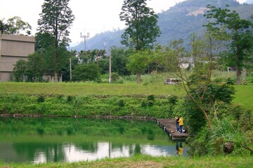 Beautiful view of the green field and the mountain