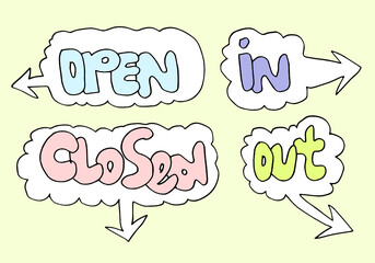 Handdrawn arrows, borders set with handwritten text:open,close,in,out. Vector icon.