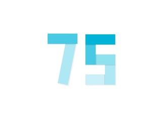 75 number, vector logo, paper cut desing font made of blue color tones .Isolated on white background. Eps10 illustration