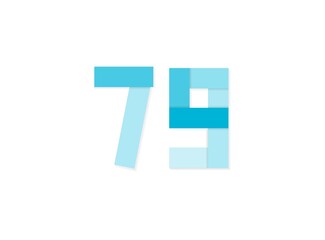 79 number, vector logo, paper cut desing font made of blue color tones .Isolated on white background. Eps10 illustration