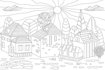 outline drawing cute houses surrounded fancy trees, cobblestone