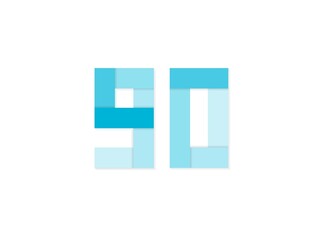 90 number, vector logo, paper cut desing font made of blue color tones .Isolated on white background. Eps10 illustration