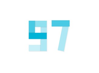97 number, vector logo, paper cut desing font made of blue color tones .Isolated on white background. Eps10 illustration