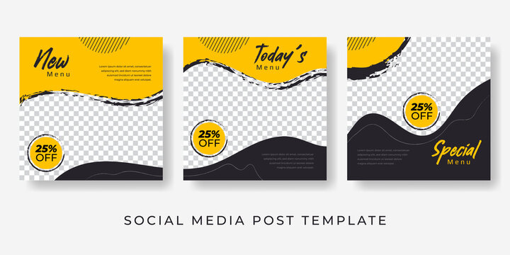 Culinary instagram post set with photo image space. Social media template for food banner yellow design.