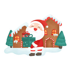 Happy Christmas card with Santa clause and house.