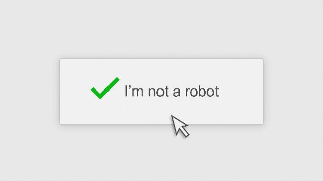 Mouse clicking on I'm not a robot button on a computer or phone screen confirming the user is human. Digital interface or website with cursor ticking the check box to submit the correct answer.