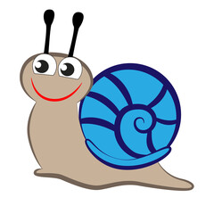 Smiling cartoon snail with a shell on its back.