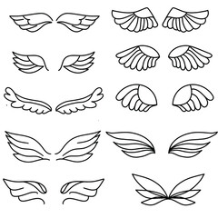 Wings Hand DrawnSet Isolated On White Background Vector Illustration, Graphic Design Editable For Your Design. Wings Logo