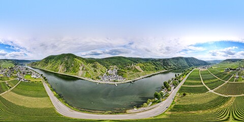 Burg Metternich in the town Beilstein on romantic Moselle, Mosel river. 360 grad panorama view. Rhineland-Palatinate, Germany.