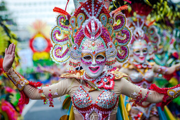 Fototapeta premium Colorful masks of street dacnce parade performer during Masskara Festival at Bacolod City, Philippines