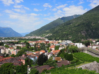 Fototapeta na wymiar Landscapes of european Bellinzona city, capital of canton Ticino in Switzerland, clear blue sky in 2017 warm sunny summer day on July.