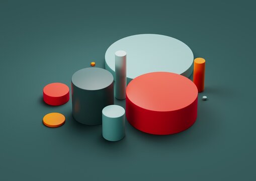 Abstract 3d render, composition, with orange, red, gree and lights blues colors. Geometric shapes. 