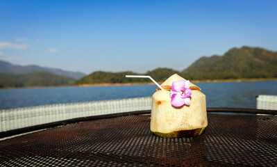 Coconut on the table at Mae Ngad Dam and Reservoir