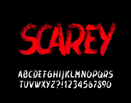 Scarey alphabet font. Messy brush stroke letters and numbers. Hand drawn vector typography for your Halloween typography.