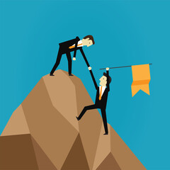 Businessman climb the mountain to flag success