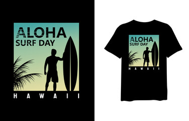 Aloha surf day hawaii with tropical palm silhouettes, stylish t-shirts and trendy clothing designs with lettering, and printable, vector illustration designs.