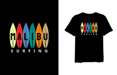Malibu surfing with tropical palm silhouettes, stylish t-shirts and trendy clothing designs with lettering, and printable, vector illustration designs.