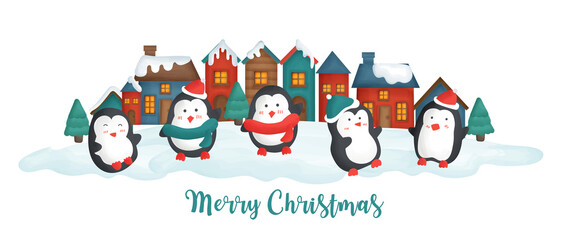 Merry Christmas banner with  penguinsin in the snow village.