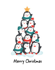 Merry Christmas day with cute penguins  for greeting card , new year card.