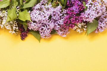 Various varieties of lilacs at the top side of the table with copy space