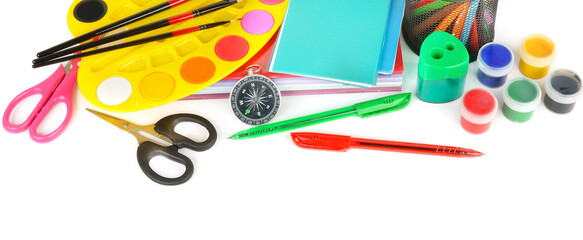 school and office supplies isolated on a white background. Wide photo.