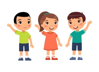 Children hold their hands up in agreement. Cute cartoon characters isolated on white background. Flat vector color illustration.