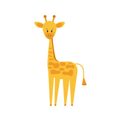 Cute little giraffe in standing pose isolated on white background. Funny smiling african giraffe animal logo. Vector flat design cartoon safari character illustration.