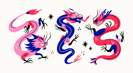 Fototapeta premium Three various Dragons. Mythological creatures. Zodiac sign. Chinese asian cartoon style. Hand drawn colored Vector illustration. Tattoo idea. Print templates. Every dragon is isolated on white
