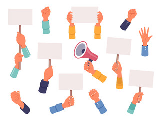 Protest banners and placards in hands with megaphone, vector flat isolated icons. Protester people hands with empty banners or demonstration placards for strike manifestation or vote posters