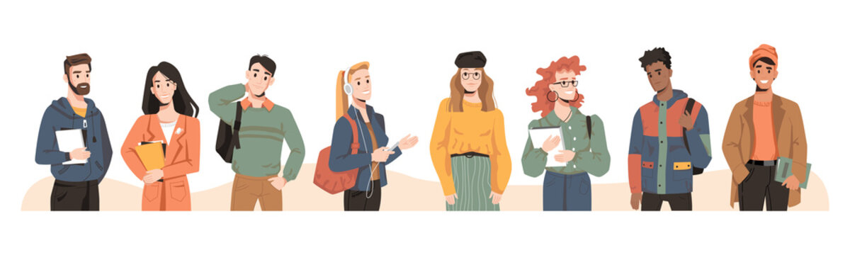 Students multicultural and multiracial millennial teenagers, trendy people, vector flat cartoon. University young people or students friends of different nation with study books in modern clothes