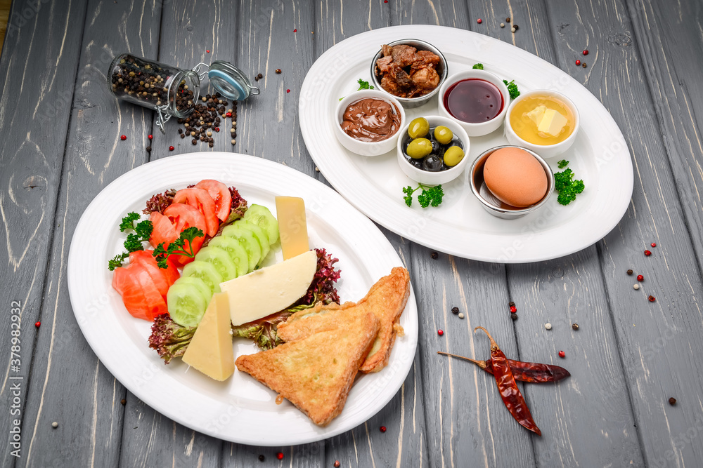 Wall mural turkish breakfast on a wooden table