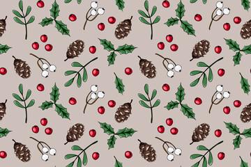 Merry Christmas, Happy New Year seamless pattern with fir cone, holly leaves and berries for greeting cards, wrapping papers. Seamless winter pattern. Vector illustration