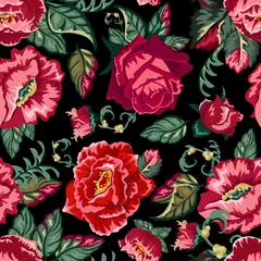 Fototapeten Seamless pattern with rose buds and leaves. Graphic llustration on black background. For the design of shawl, handkerchief, weddings, dress, fabrics, wallpaper, pattern, digital paper, costume, dress © Наталья Матюшина