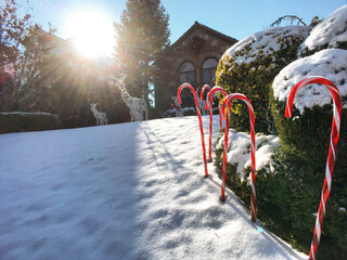 Christmas or Xmas decorations with reindeers and candy canes in front yard of residential building...