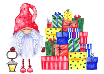 Scandinavian Christmas Gnome with a stack of colorful gift boxes.