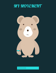 Fitness counter on the wrist of a funny bear. The inscription on the card " My movement". Activity tracker concept, sport, weight loss. Vector. Flat style