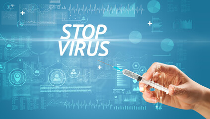 Syringe needle with virus vaccine and STOP VIRUS inscription, antidote concept